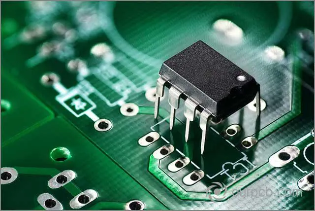 Elektroniczne komponenty chipowe na zielonej płytce drukowanej