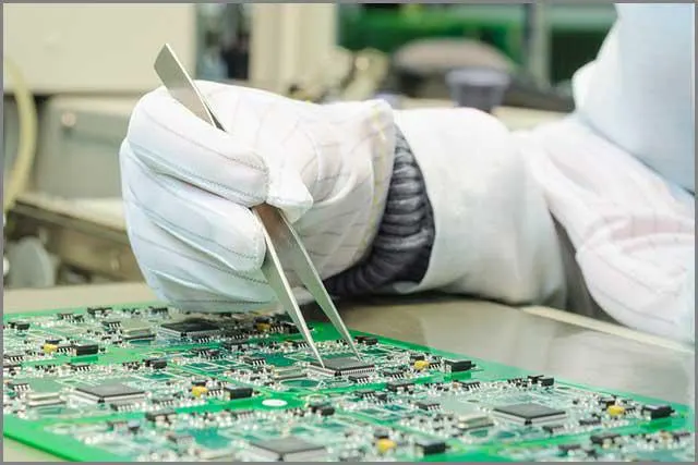 (Producent obwodów drukowanych przeprowadza procedurę kontroli jakości na płytce PCB)